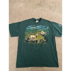 VTG 96 Stitch Art Green Single Stitch Tshirt Embroidered Lion Forest Size XL USA